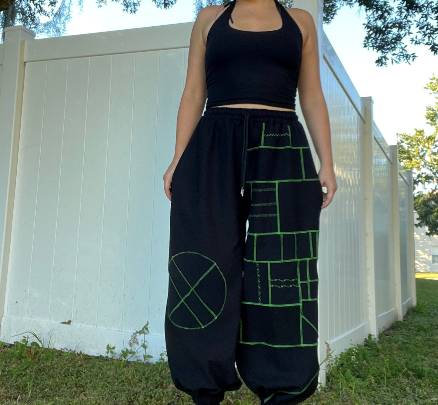Green Thread Patchwork Pants XS-XL