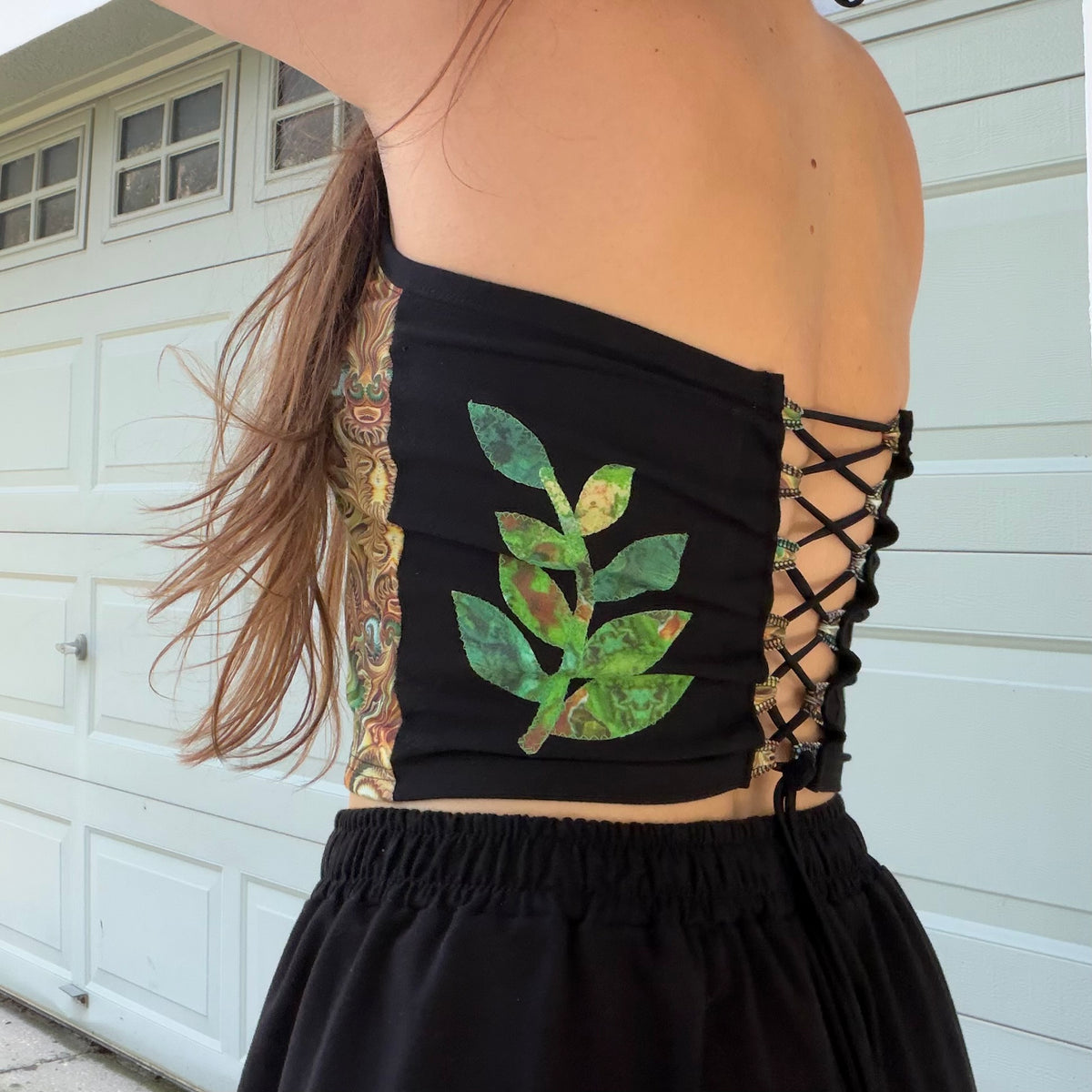 Leafy High Neck Lace Up Top M/L