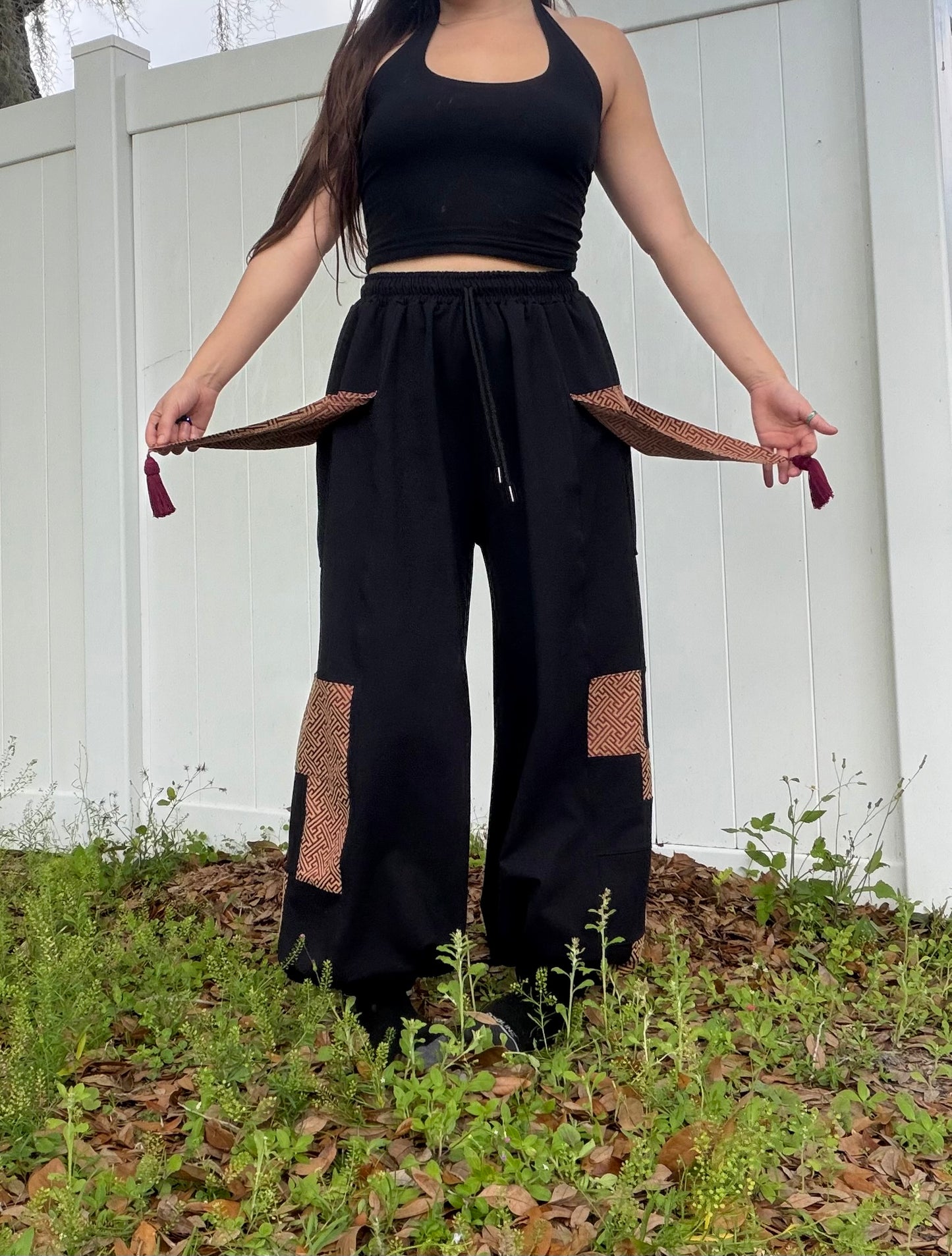 Tassle Pockets Patchwork Pants XS-XL